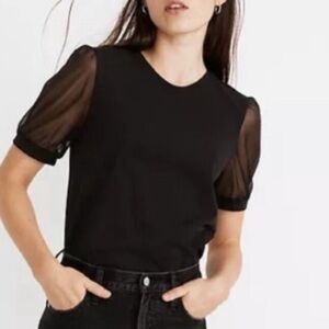 Madewell Black Crewneck Tee with Sheer Puffed short sleeves